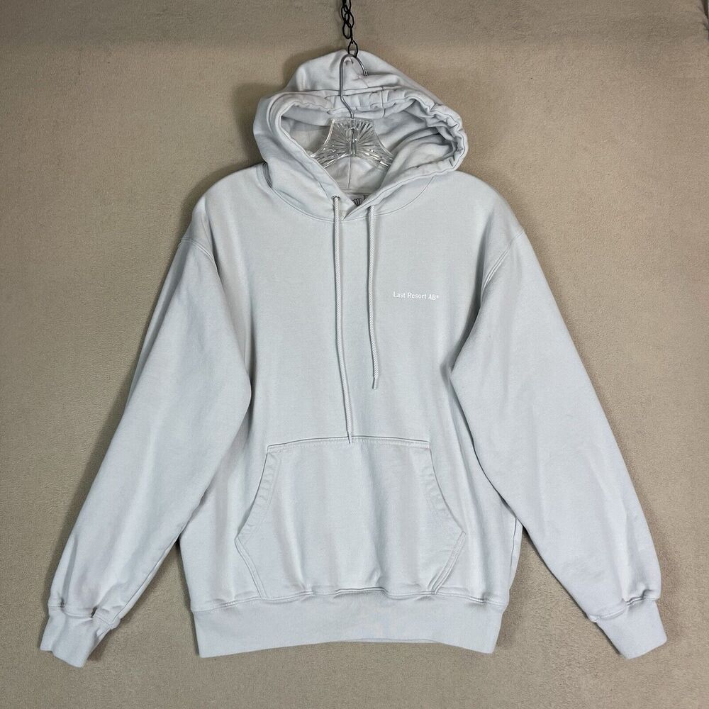 Last Resort AB Hoodie Mens Small Ivory Graphic Print Pockets Pullover Sweatshirt